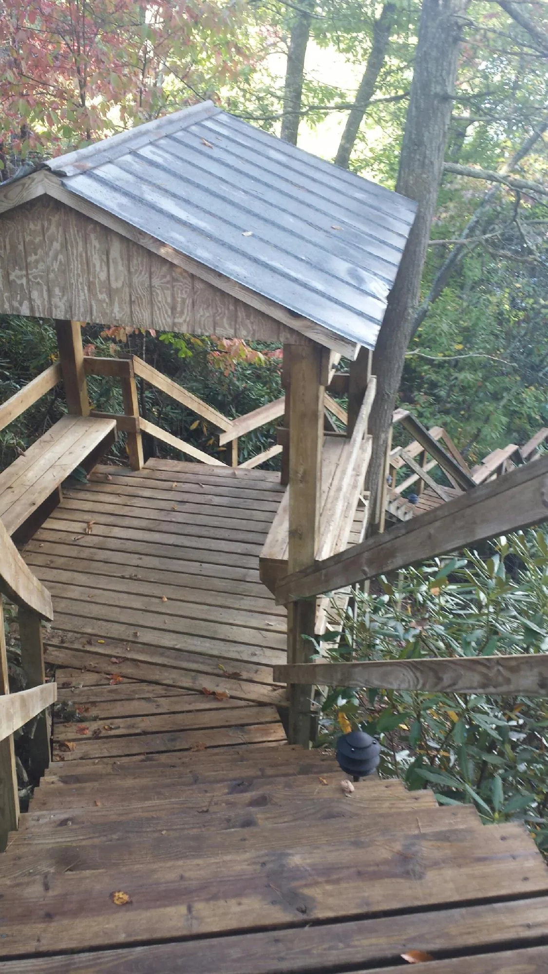 Metal roofed shelter over wooden steps on a wooded walkway — Skylight Repair & Installation work by our crew in Ransomville